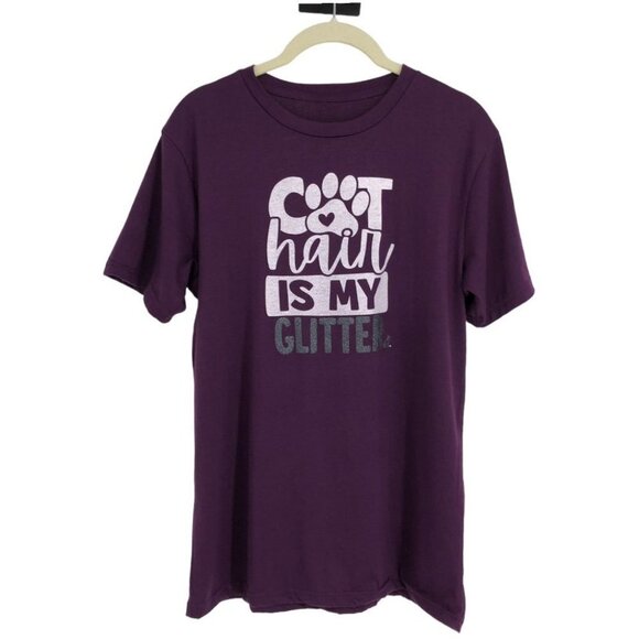 CatLadyBox Purple  'Cat Hair Is My Glitter' Short Sleeve Crew Neck T-Shirt ~M - Picture 2 of 13